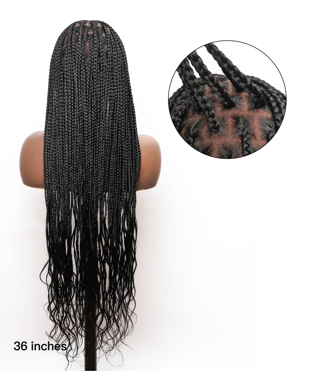 JALIZA 36" Boho Knotless Box Braided Wigs for Black Women Girls,Box Braided Wigs Full Lace Handmade with Human Hair Baby Hair,Black