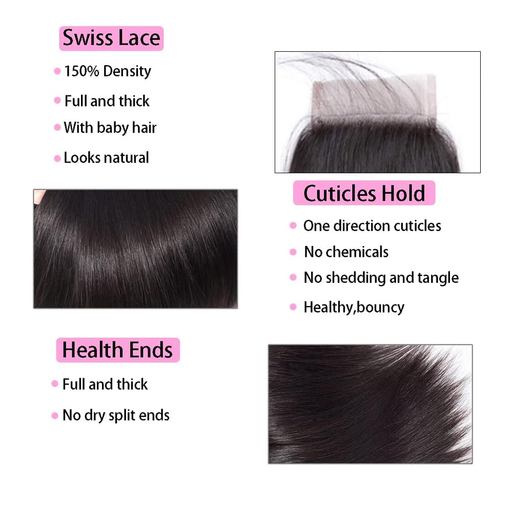 Straight Lace Closure Human Hair 4x4 Free Part Lace Closure 100% Unprocessed Brazilian Virgin Human Hair Extensions 150% Density 12 Inch Lace Closure Pre Plucked Natural Black