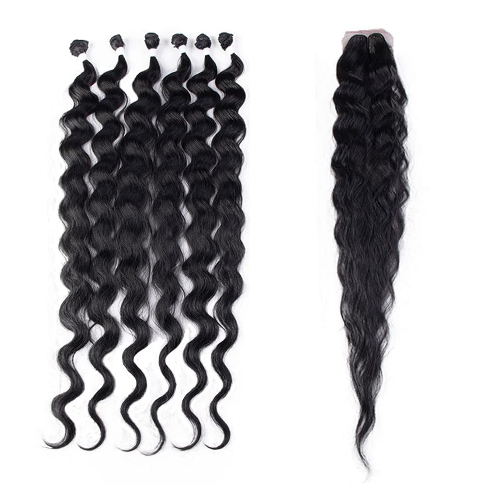 DÉBUT Wavy Long Synthetic Hair 6 Bundles with Easy Closure Body Wave High Temperature Fiber Hair Weave 7PCS 320g 1B Color