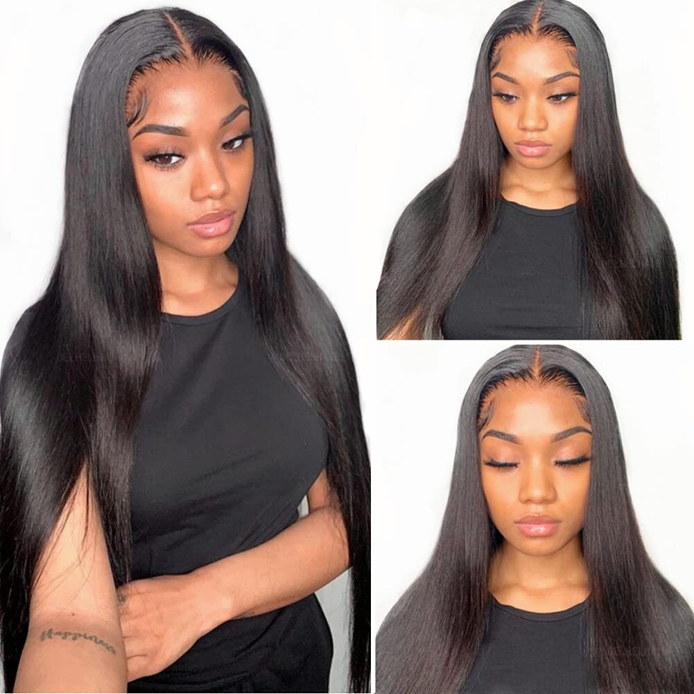 DELHELHAIR Silky Straight Glueless Lace Front Wigs for Black Women Human Hair Unprocessed Brazilian Remy Straight 4x4 Lace Closure Wig Pre-Plucked with Baby Hair (16Inch, Natural Black)