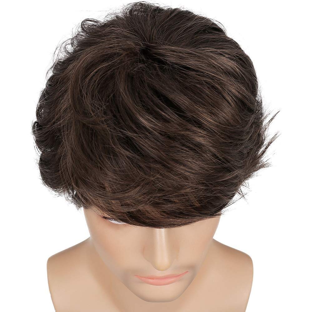 Short Brown Wig for Mens Layered Natural Fluffy Synthetic Hair Wig Heat Resistant Halloween Cosplay with Wig Cap