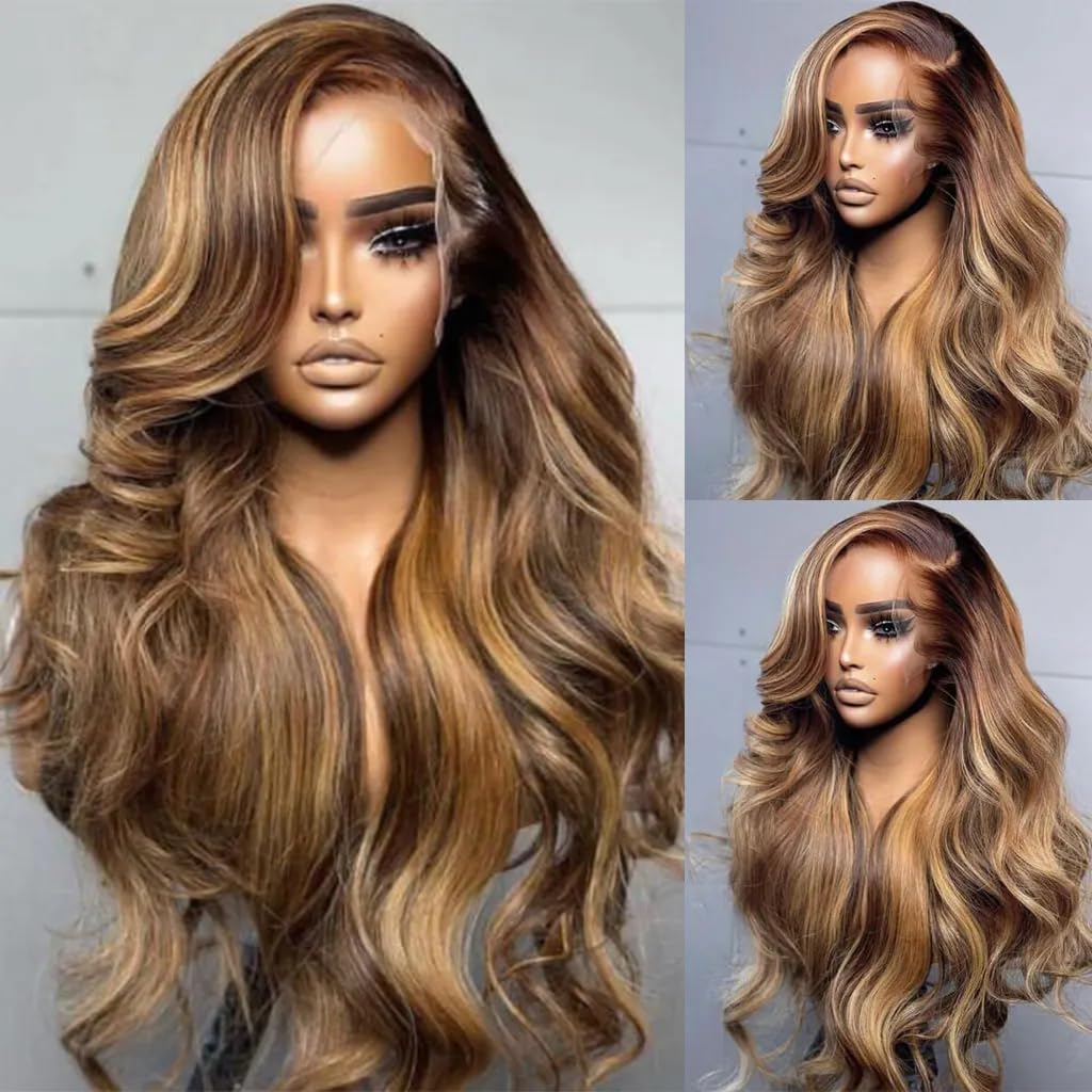 Munx Highlight Ombre Lace Front Wigs Human Hair Pre Plucked with Baby Hair 13x4 Body Wave Frontal Wigs 180% Density 4/27 Colored Honey Blonde Human Hair Wig for Women Long 36inch