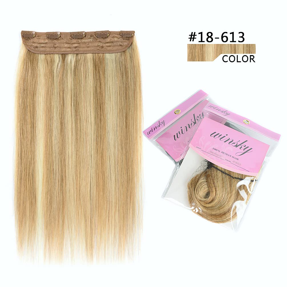 Winsky Hair Extensions Real Human Hair Clip in - One Piece Brown Highlights Blonde Remy Hair Pieces 70gram for Women (14inch, 18/613)