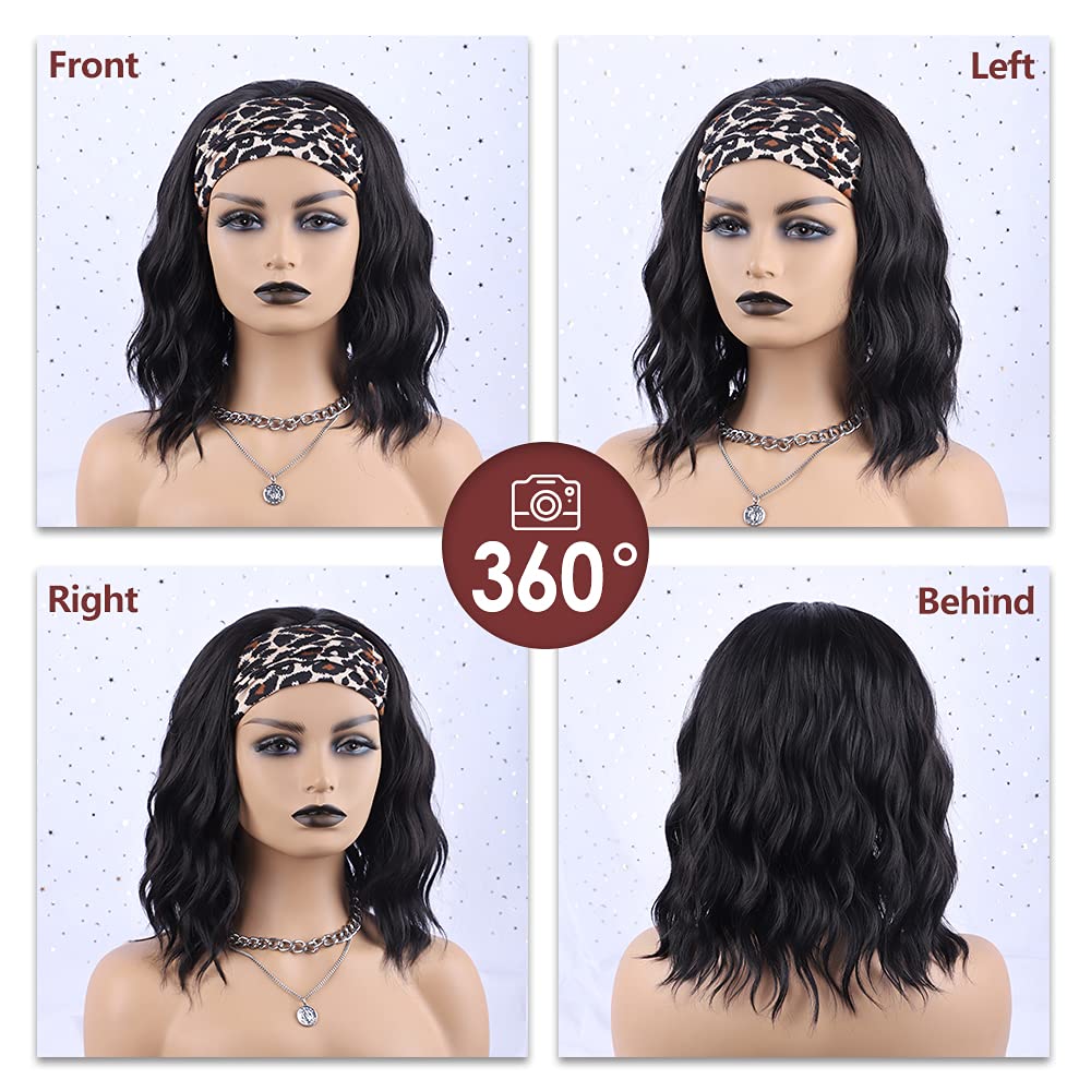 MORICA Headband Wig Short Wavy Wigs for Black Women Black Bob Wig Glueless Synthetic Shoulder Length Wigs 16 Inch Headwrap Wigs with Headband Attached