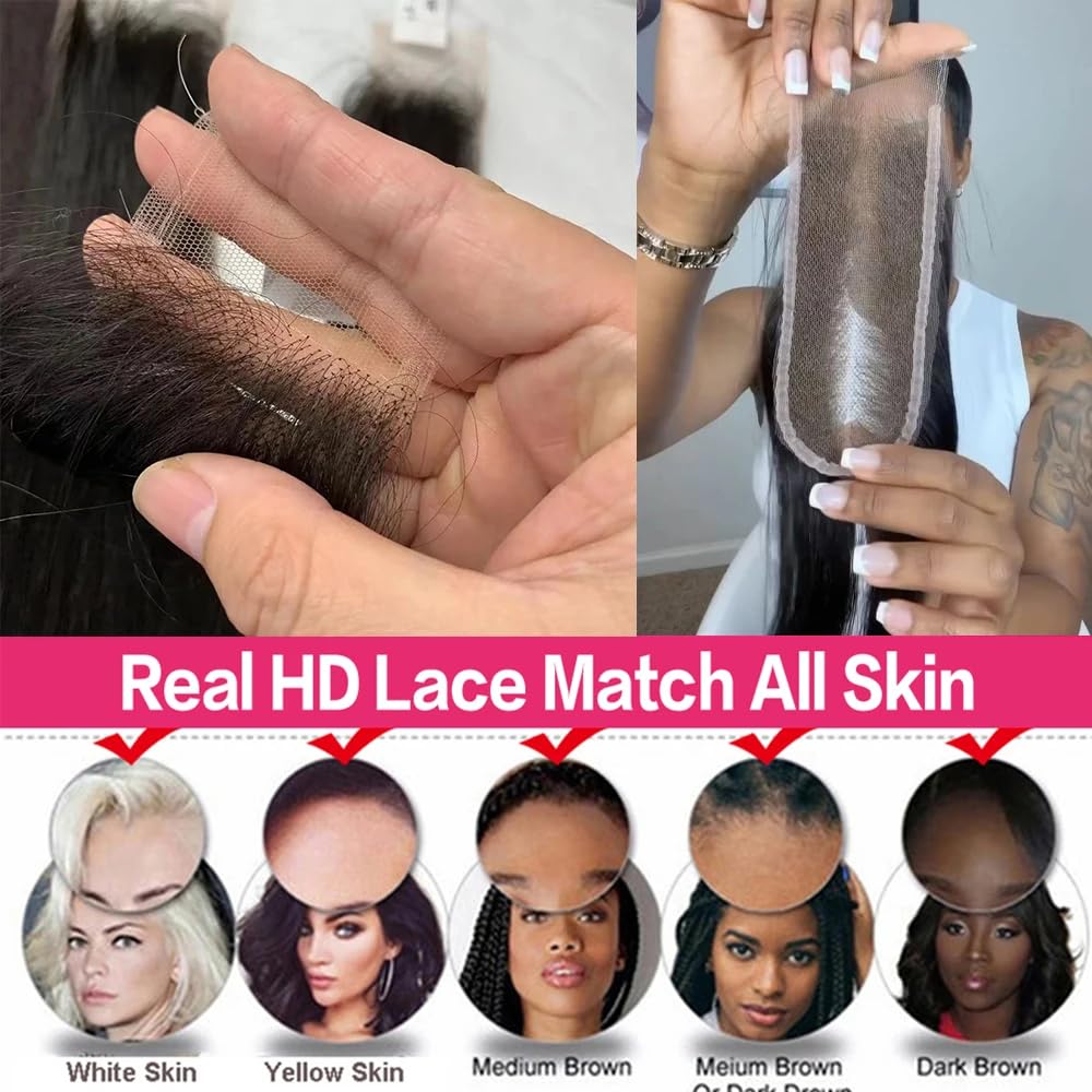 2x6 HD Lace Closure Straight Lace Closure Pre Plucked Single Knot Kim K Long Deep Parting 0.10mm Ultra-thin Invisible Swiss 130% Density Virgin Human Hair Natural Black(18 Inch)