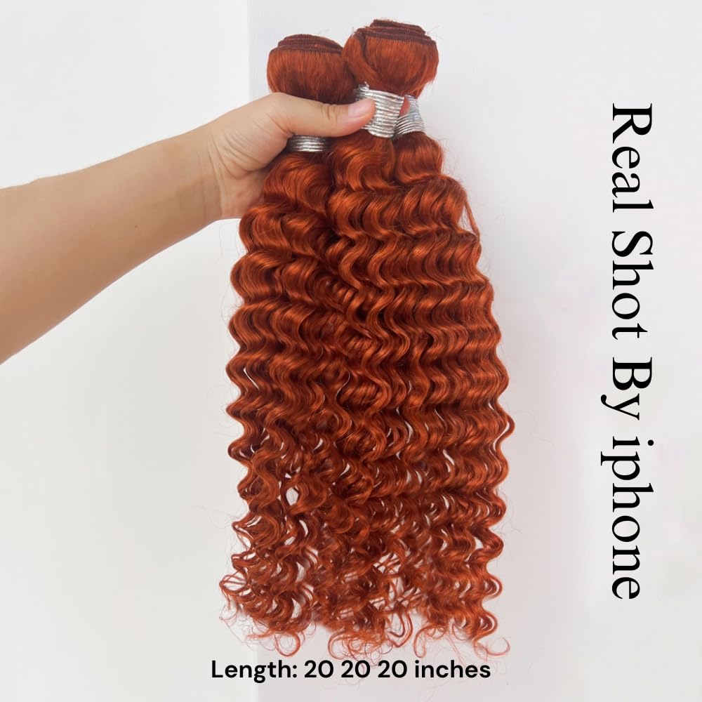 AUROO Ginger Bundles Human Hair Deep Wave Burnt Orange 350 Human Hair Bundles Curly Ginger Hair Unprocessed 10A Virgin Remy Weave Bundles Human Hair Sew In Soft Thick Single Bundles Human Hair 16 Inch