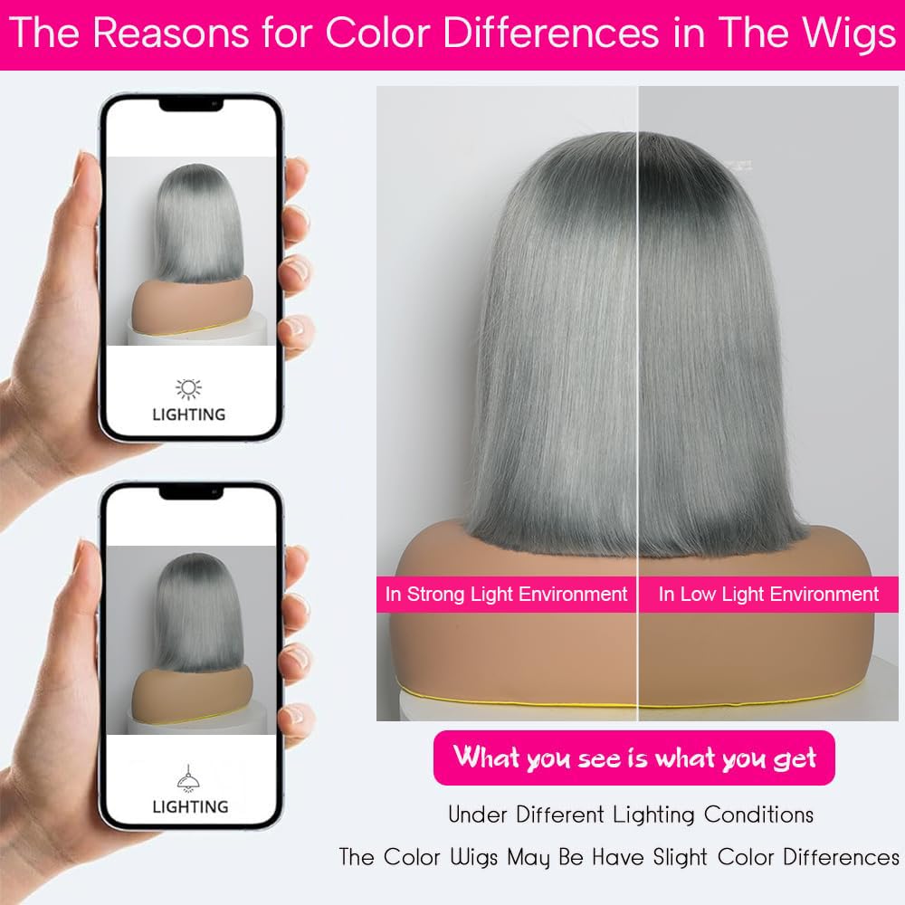CYSDRH Grey Bob Wig Human Hair Full 13x6 HD Lace Front Wigs 180% Density Short Bob Wigs for Black Women Pre Plucked Pre Cut 12A Unprocessed Brazilian Virgin Human Hair Wigs - 12 Inch Grey Bob Wig