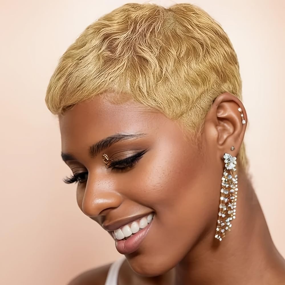 Amecire Brazilian Human Hair Pixie Cut Wig for Women Honey Blonde 180% Density Straight Short Wig with Bangs Non Lace Front Rose Net Cap for Party Cosplay Daily Use