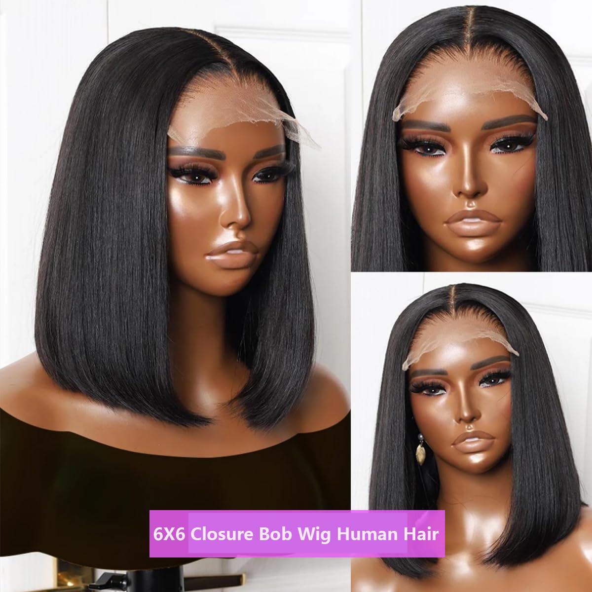 Karlami Hair 6x6 Bob Wig Human Hair HD Transparent Bob Lace Front Wigs Human Hair for Women 150% Density Short Bob Wigs (6x6 Straight Bob Wig Black Color, 10 INCH)
