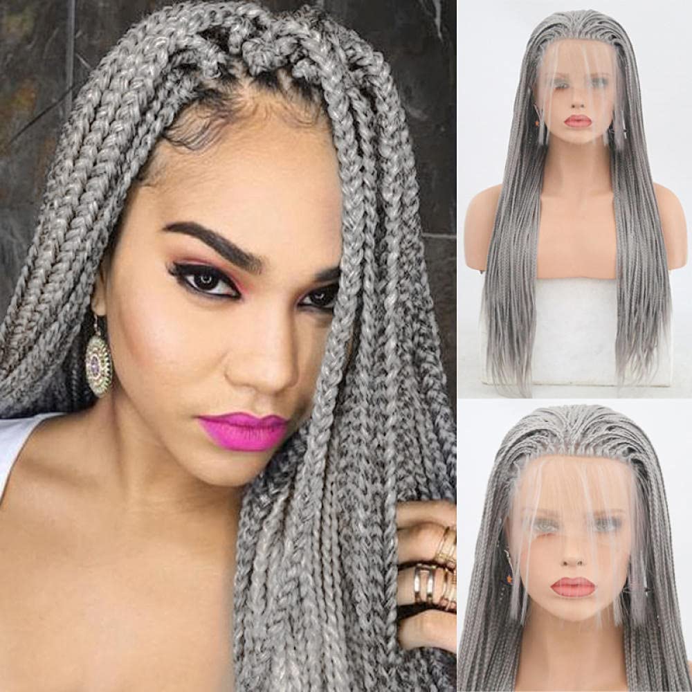 liuzz Silver Grey Braided Wigs Synthetic Lace Front Wig Part Braided Box Braids Wig With Baby Hair Wigs for Black Women-26inches
