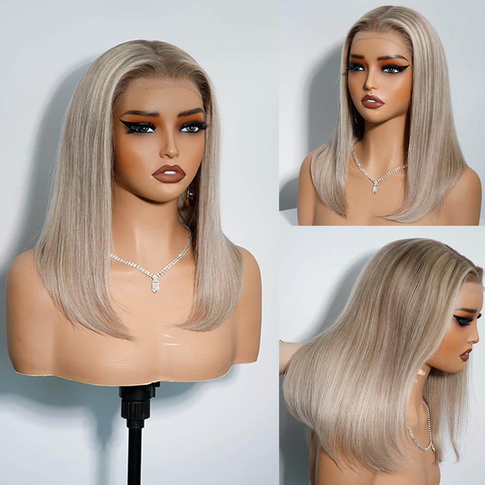 Byluxurious Highlight Ash Blonde Lace Front Wigs Human Hair Pre Plucked Pre Cut Ombre Balayage Brown Straight Soft Short Bob 13x4 UHD Lace Real Human Hair Wig For Women 14Inch 180% Density
