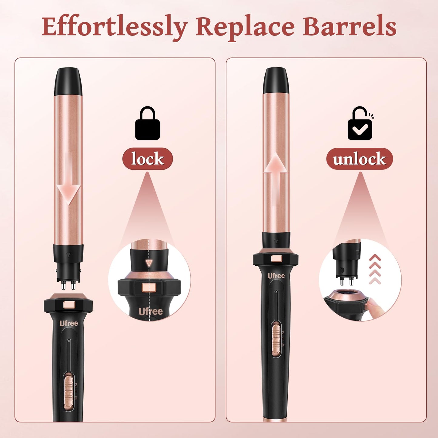 Ufree 5 in 1 Curling Iron with Interchangeable Ceramic Barrels (0.35"-1.25"), Curling Wand Set with Flat Iron Hair Straightener, Professional Instant Heat Up, Dual Voltage Hair Curler, Women Gifts