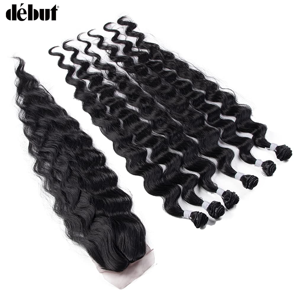 DÉBUT Wavy Long Synthetic Hair 6 Bundles with Easy Closure Body Wave High Temperature Fiber Hair Weave 7PCS 320g 1B Color