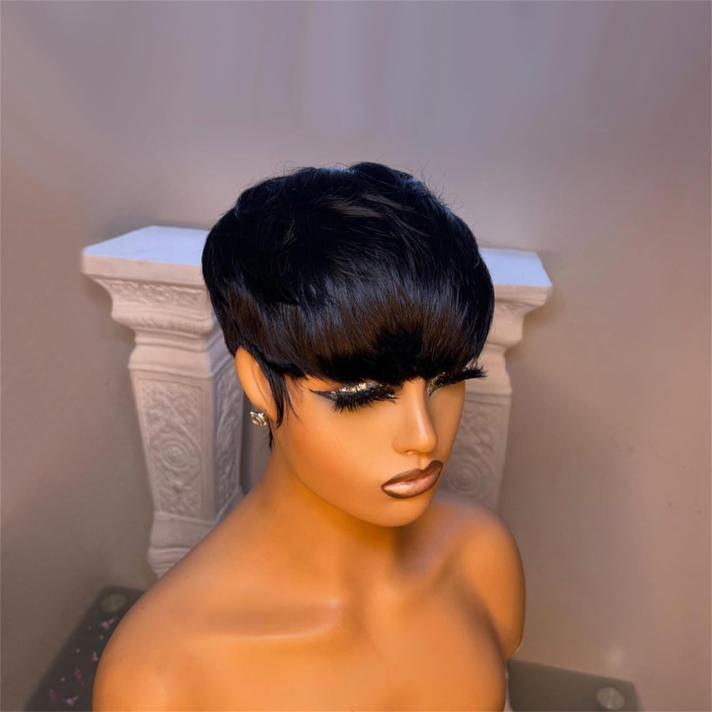 YJOQOKOA Short Bob Wig Human Hair for Black Women Pixie Cut wigs Human Hair Wig Glueless Wig None Lace Front Wig with Bangs Natural Black Straight Full Machine Made Wig