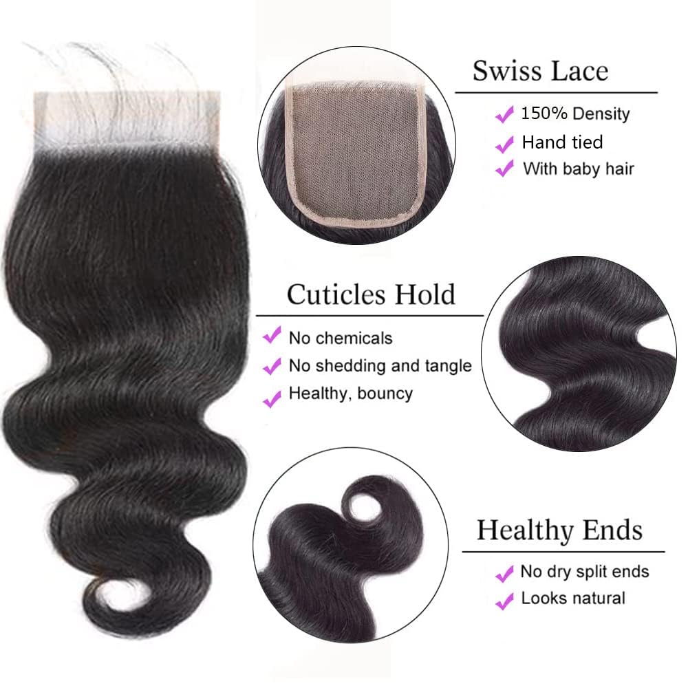 4x4 Lace Closure Body Wave Lace Closure Human Hair 14 Inch Free Part Lace Closure 100% Unprocessed Brazilian Virgin Human Hair Extensions 150% Density Remy Human Hair Pre Plucked Natural Black