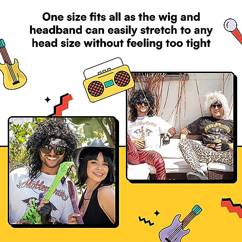 Watt's Wigs - 80s Hair Metal Rocker Costume Set - Glam Rock Band Black Curly Wig with Paisley Print Stretch Fabric Headband, Color Tattoo Sleeve, and Biker Glove - One Size Fits All (Black)