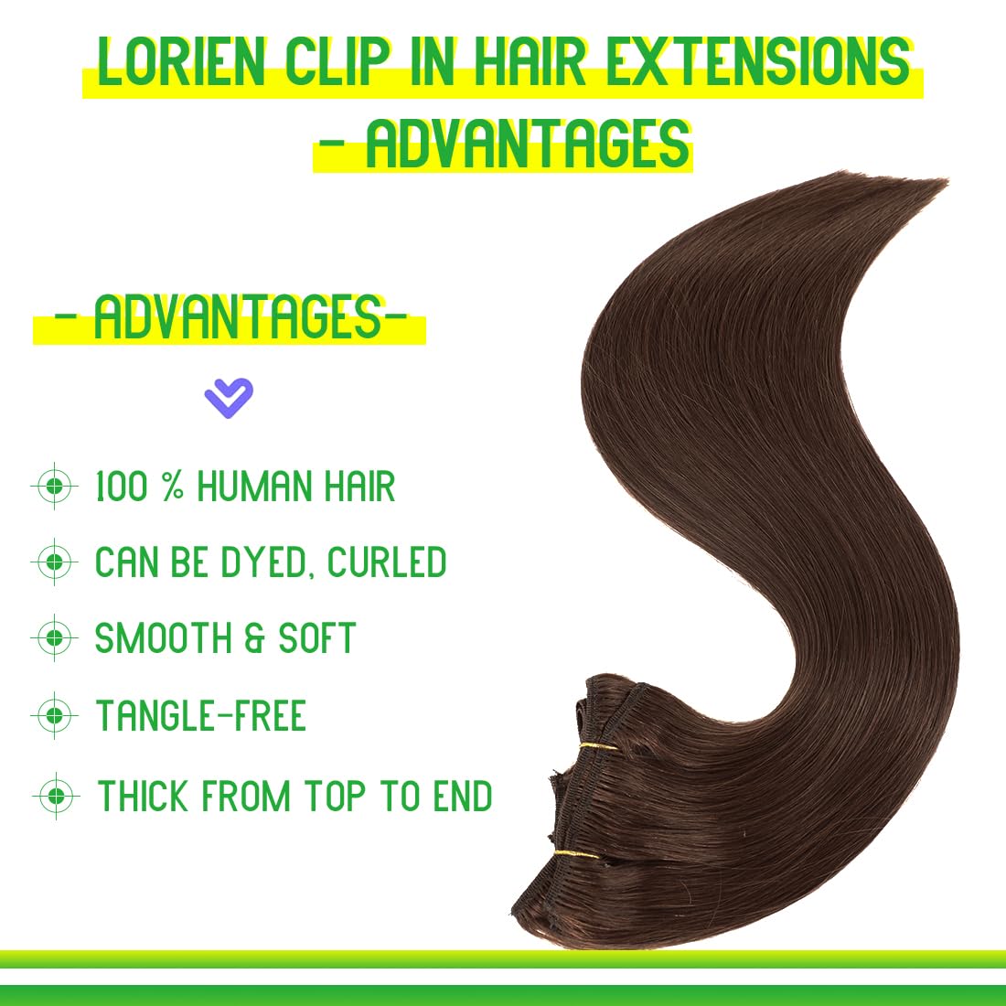 LORIEN Clip in Hair Extensions Real Human Hair, 18 Inch 100g, 4 Dark Brown, Clip in 100% Brazilian Remy Human Hair Extensions 8pcs Per Set with 18 Clips Double Weft