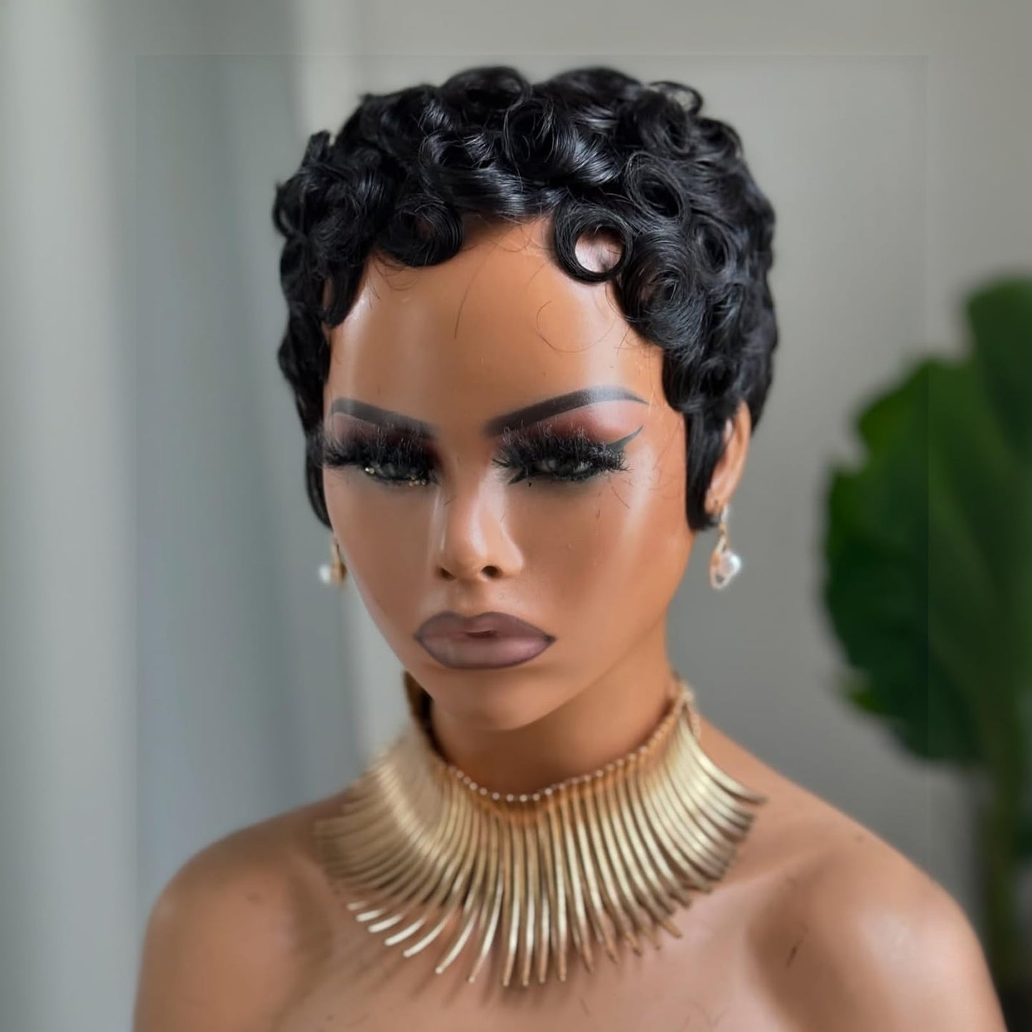 QiaQiaRing Pixie Cut Wigs for Black Women Brazilian Virgin Curly Wave Human Hair Glueless Short Layered Pixie Cut Curly Wigs With Bangs Natural Black Color for Daily Use