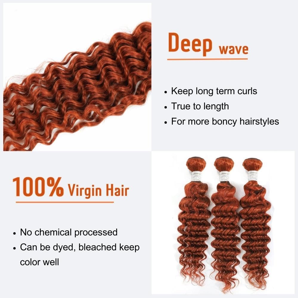 AUROO Ginger Bundles Human Hair Deep Wave Burnt Orange 350 Human Hair Bundles Curly Ginger Hair Unprocessed 10A Virgin Remy Weave Bundles Human Hair Sew In Soft Thick Single Bundles Human Hair 16 Inch