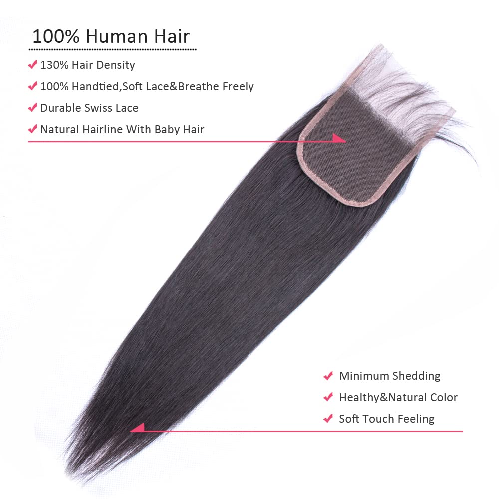 Lace Closure Straight Closure Human Hair Lace Closure Brazilian 12A Unprocessed Straight Hair 4x4 HD Lace Closure Free Part Natural Black Color(8") … …