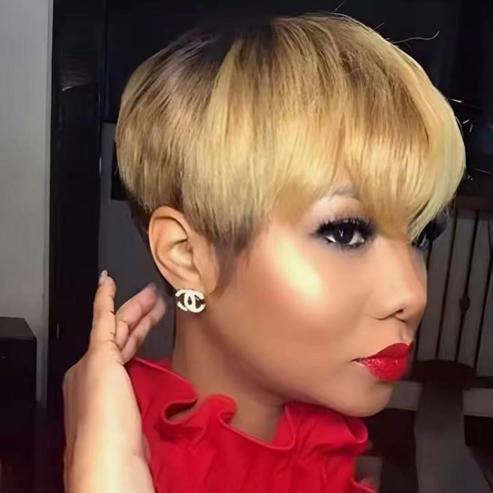 HOTKIS Pixie Cut Wig Human Hair Short Human Hair Wigs for Black Women Blonde 1b/27 Short Wigs Human Hair Short Natural Hair Wigs Pixie Wig with Bang Ombra 27