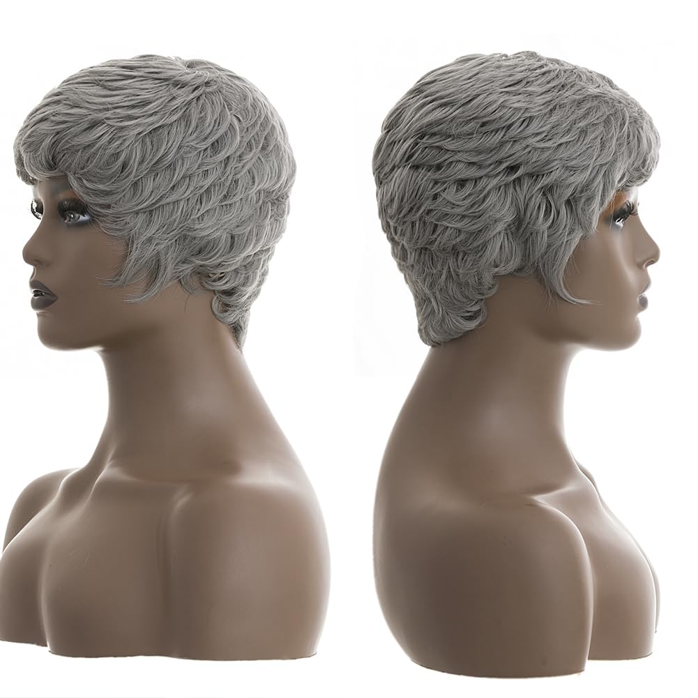 BingSing Short Grey Wigs for Back Women Pixie Cut Wigs Short Wigs for Black Women Short Grey Pixie Curly Hair Wig