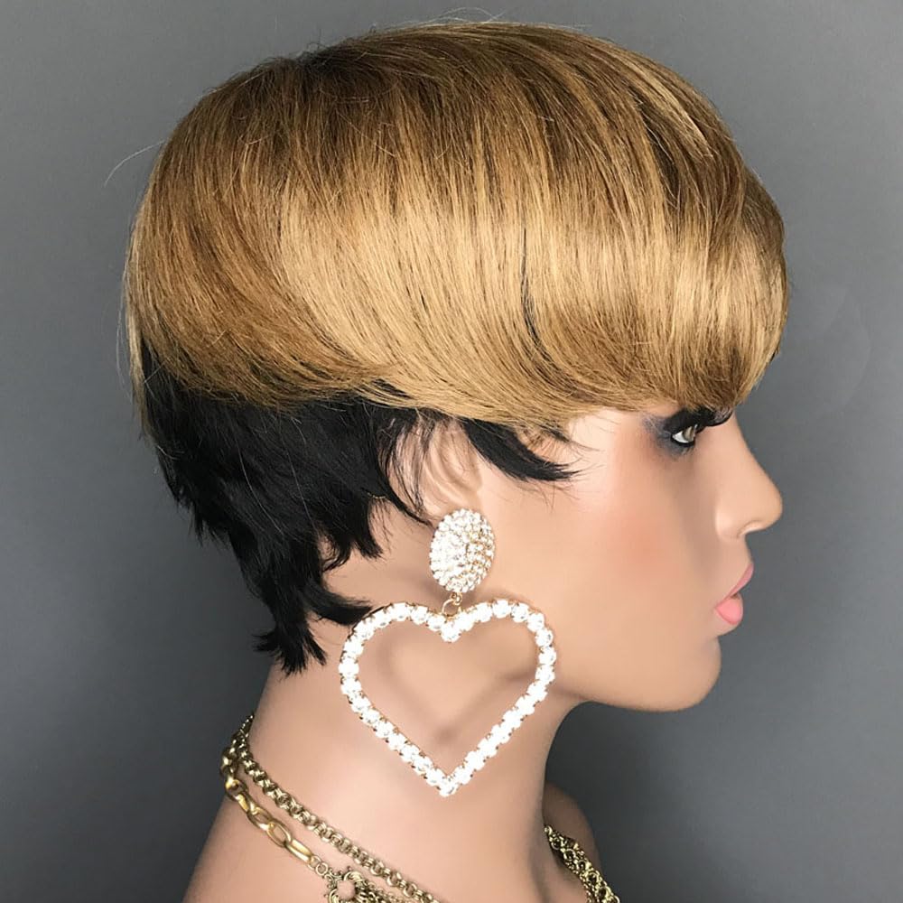 HOTKIS Pixie Cut Wig Human Hair Short Human Hair Wigs for Black Women Blonde 1b/27 Short Wigs Human Hair Short Natural Hair Wigs Pixie Wig with Bang Ombra 27