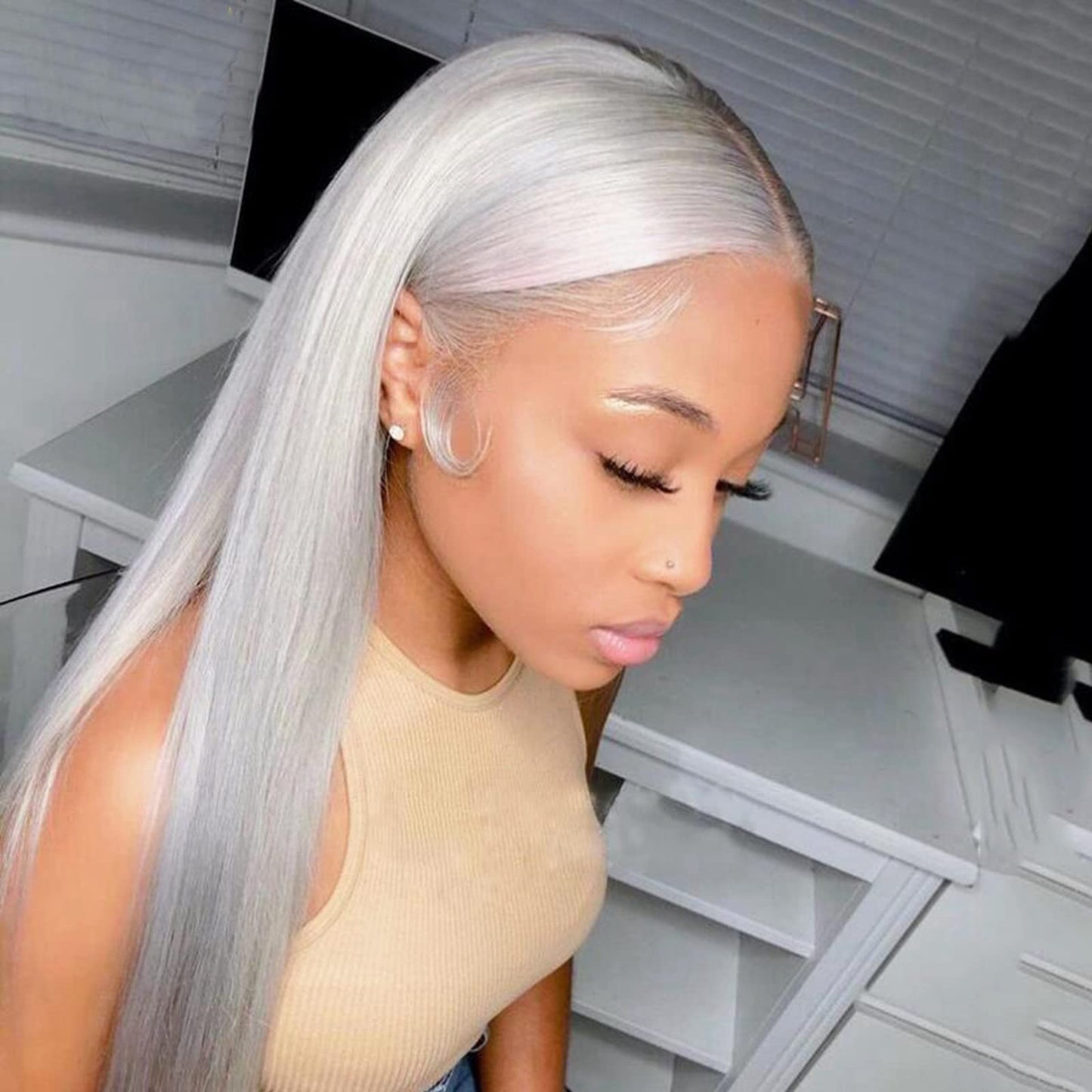 ANDRIA Lace Front Wigs Glueless Synthetic Long Silk Straight Natural Heat Resistant Fiber Hair Grey Wig With Baby Hair For Black Women 24 Inches