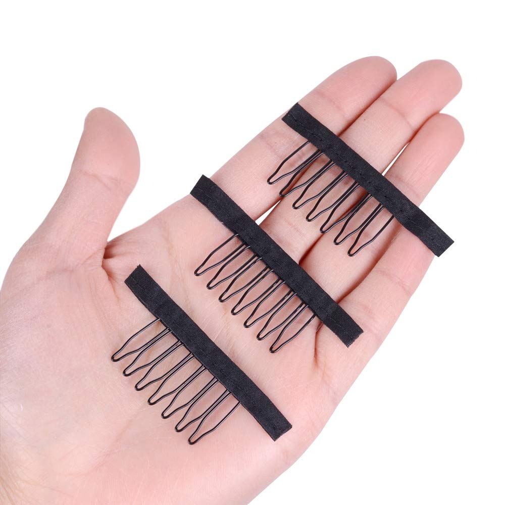 24 pcs/lot Wig Combs for Making Wig Caps 7-teeth Wig Clips Steel Teeth with Cloth Wig Combs for Hairpiece Caps Wig Accessories Tools Wig Clips for Wig (Black)
