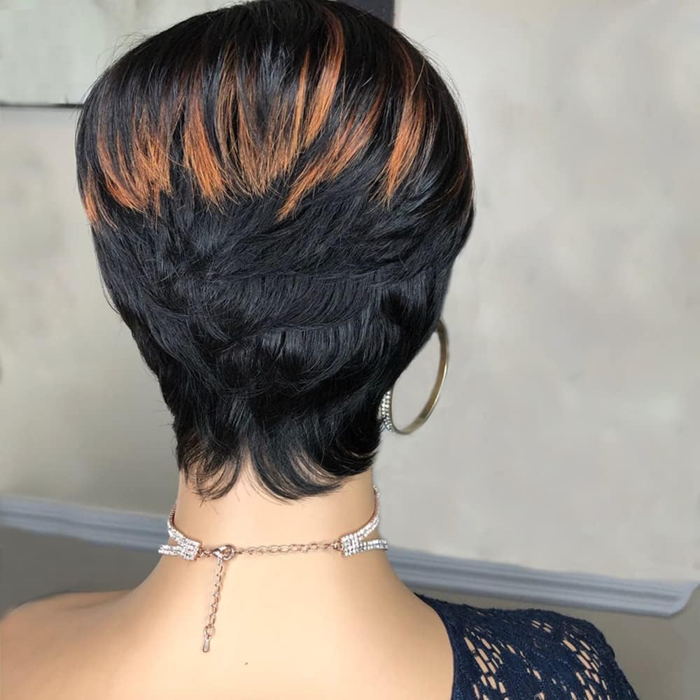 Flandi Pixie Cut Wigs for Black Women Pixie Cut Wig Human Hair Short Layered Wigs Full Machine Made Short Haircut Wig Glueless with Bangs Black with Brown F1B33