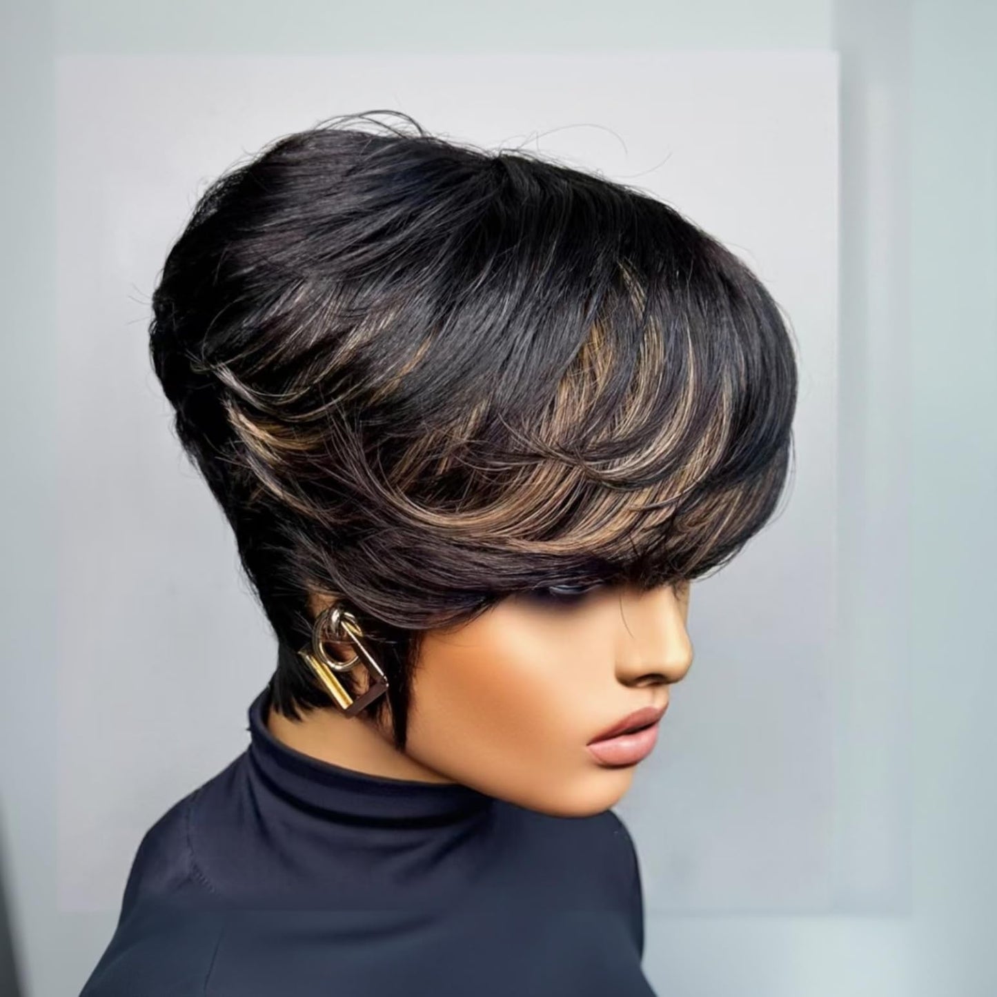 QiaQiaRing Chic Elegent Pixie Cut Human Hair Wigs for Black Women Glueless Short Layered Pixie Wigs With Bangs 1b/30 Daily Use Color Full Machine Made Brazilian Virgin Human Hair