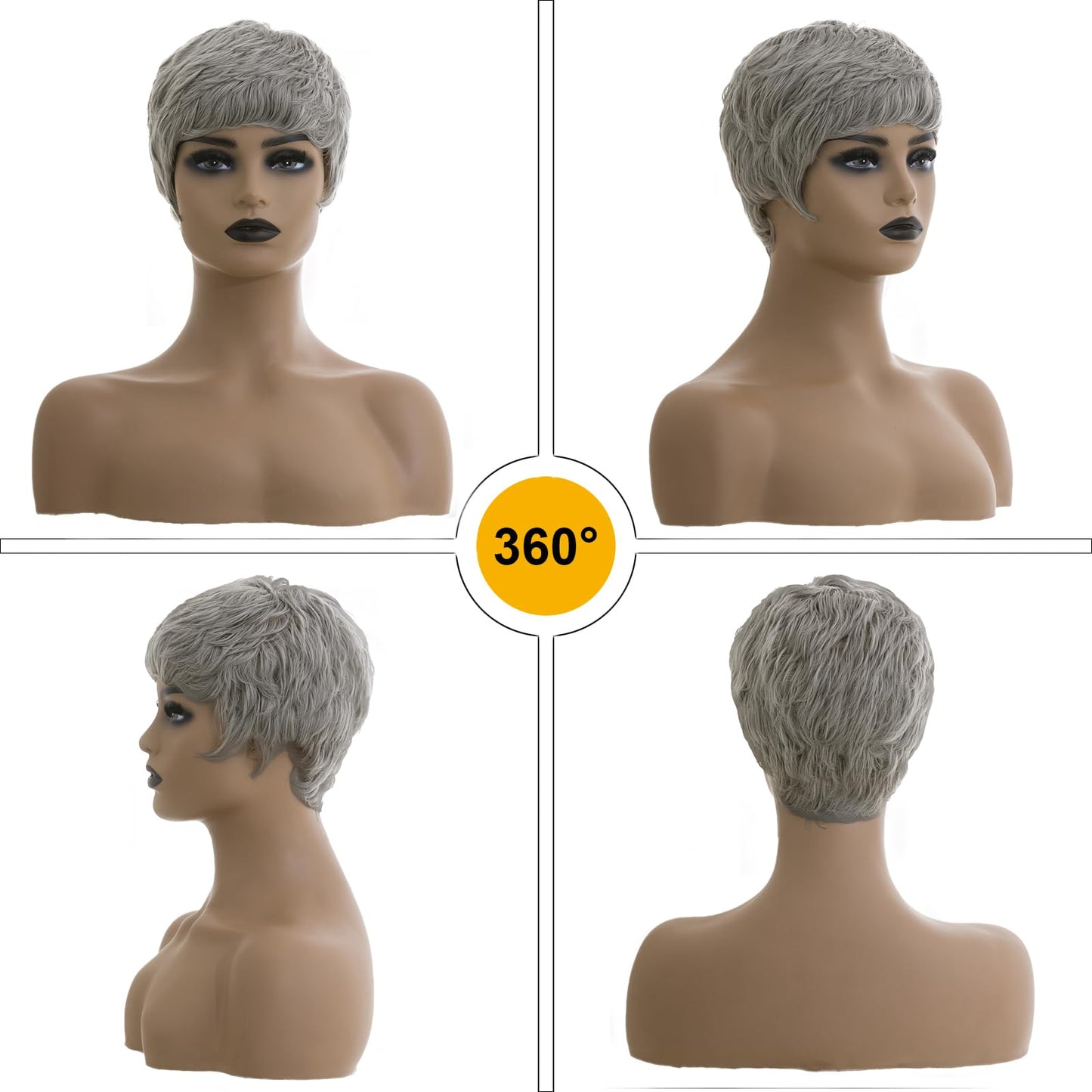 BOBCOO Short Grey Pixie Cut Wig for Black Women, Synthetic Layered Wavy Bob Hairpiece with Bangs, Light Grey Short Pixie Style (Layered)