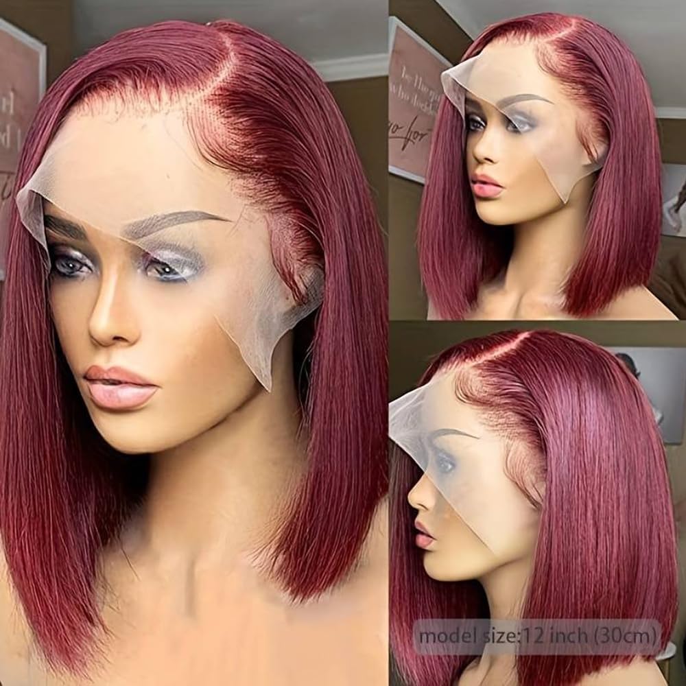 Hoscod 99J Burgundy Bob Wigs Human Hair 12inch 99J Straight Brazilian Hair 13x4 HD Transparent Lace Bob Wig Human Hair 180 Density Lace Front Wig for Women Short Bob Wig Pre Plucked With Baby Hair
