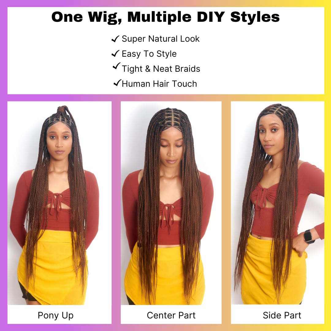 Wow Braids Box Braid Wig - Knotless Braided Wigs for Black women, with 360 glueless Full Swiss Lace Cap, & Human Baby Hair Frontal, Synthetic Long Neat African Handmade Braiding - 36 inch/Brown