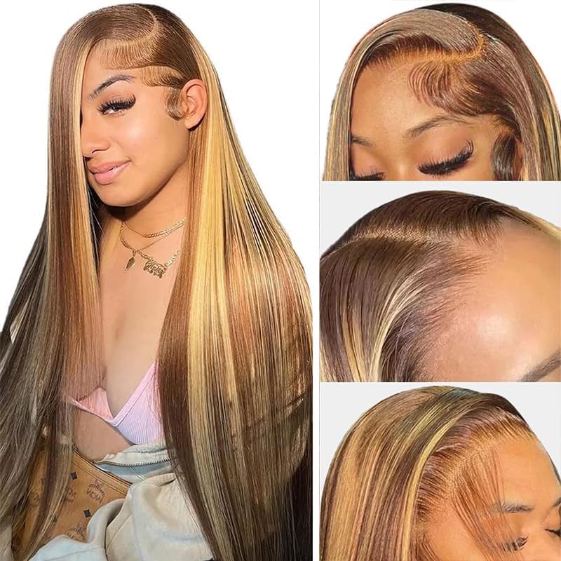 Ladoux Ombre Honey Blonde 13x6 HD Transparent Straight Lace Front Human Hair Wigs for Women 180% Density 4/27 Colored Highlight Curly Glueless Straight Wigs 20Inch Pre Plucked with Baby Hair