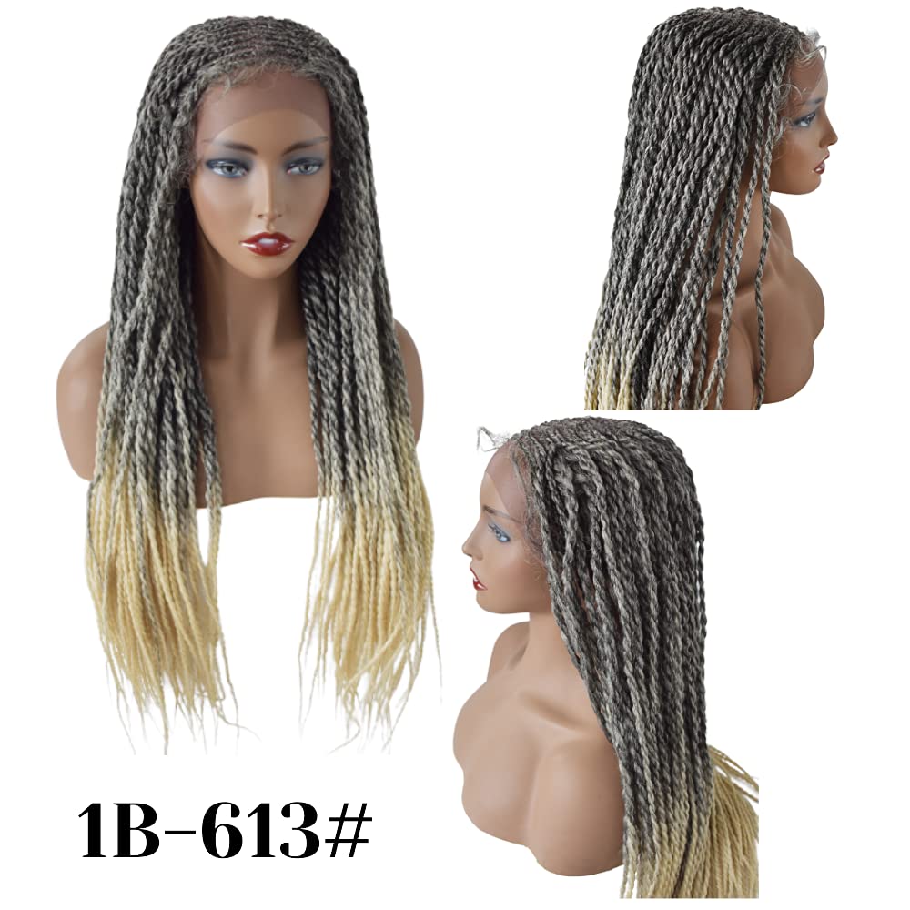 Knotless Cornrow Braided Wig For Black Women Soft Lace Micro Braiding Wig Baby Hair Box Braids Wigs Light Weight Curly Synthetic Braid Wig For Women (#1B/613T-#Black/BlondeT)