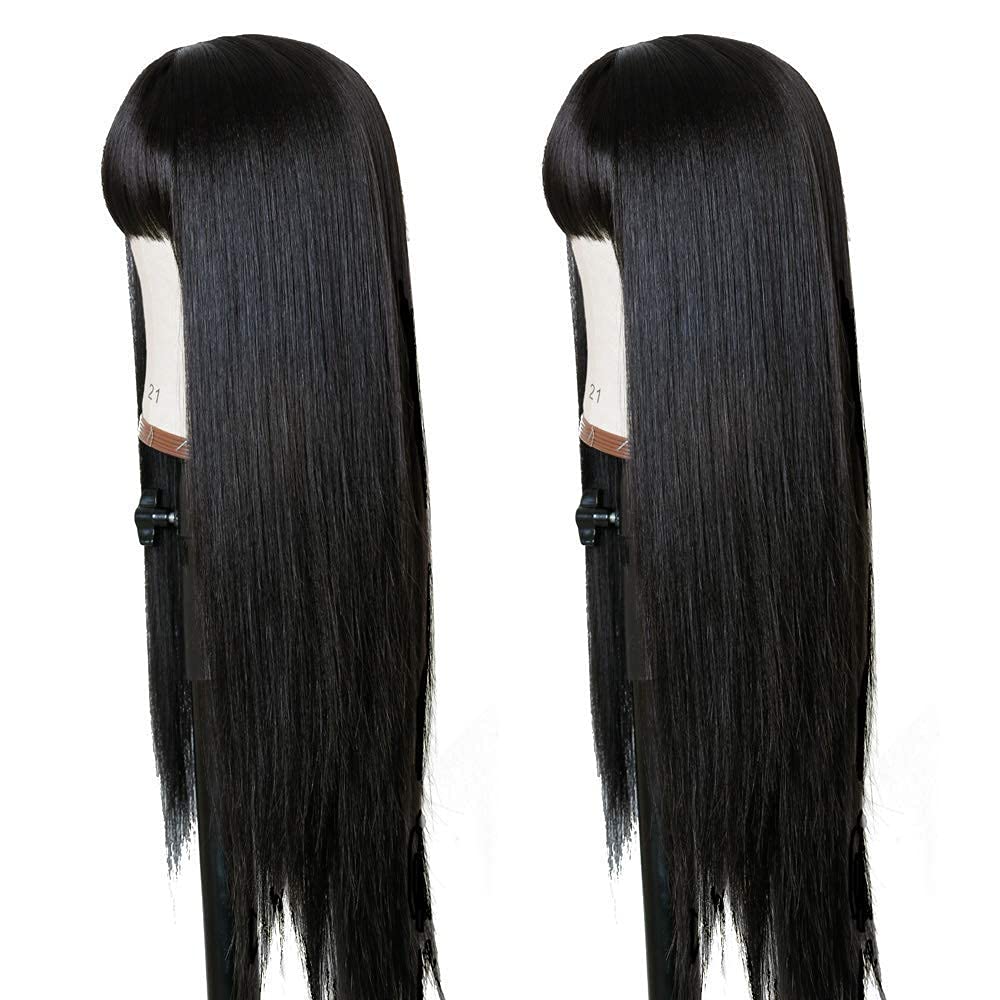 TIMANZO Long Straight Remy Hair Wigs Natural Black Heat Resistant Fiber Hair Full Machine Wig with Bangs Cosplay Party Wig For Fashion Women(24 Inches Natural Black Hair)