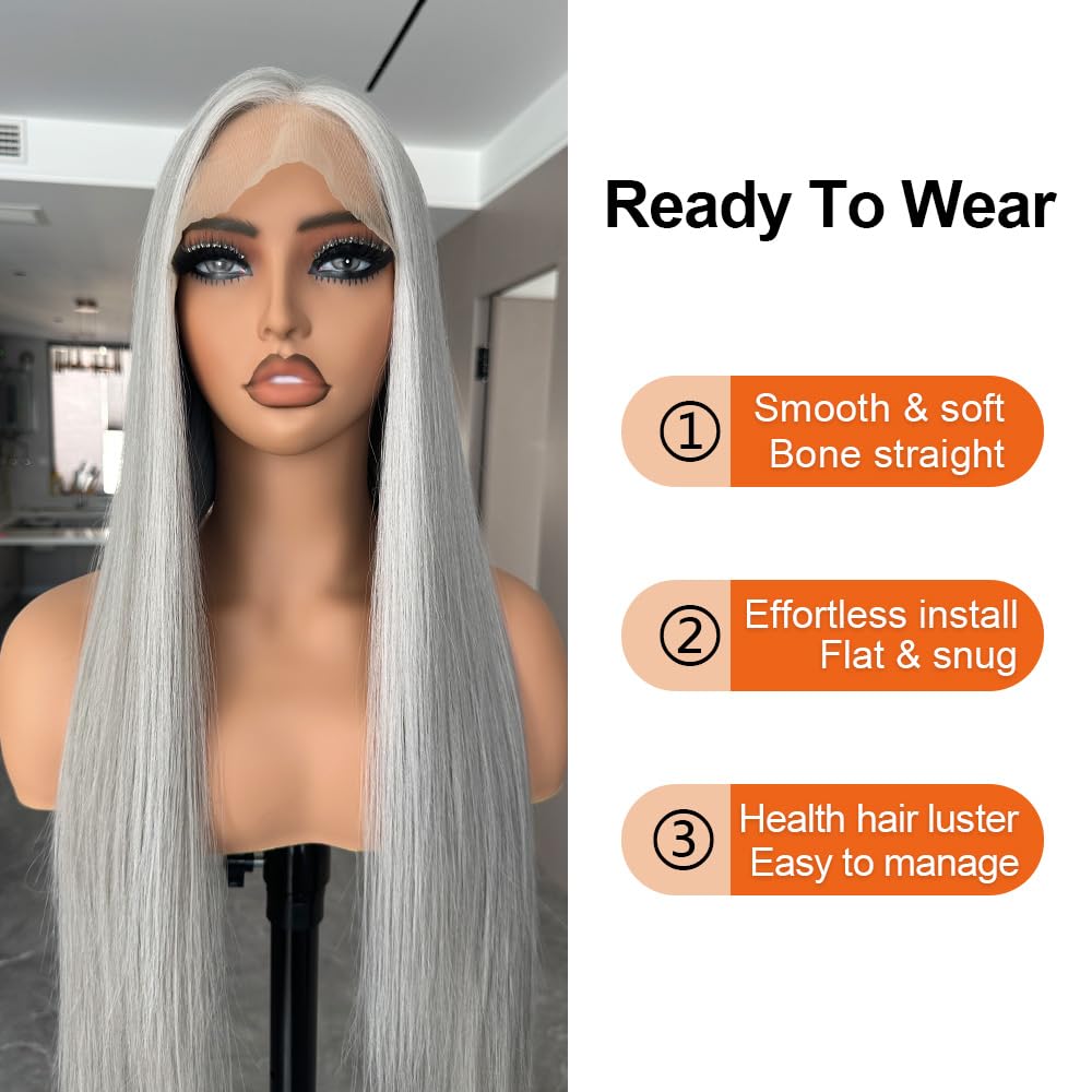 ZAVIDE 30 INCH Lace Front Wig Silver 13X5X1 Lace Front Wig Gray Synthetic Pre Plucked Natural Hair Line Ready to Wear SunKissed HD Lace Daily Wig
