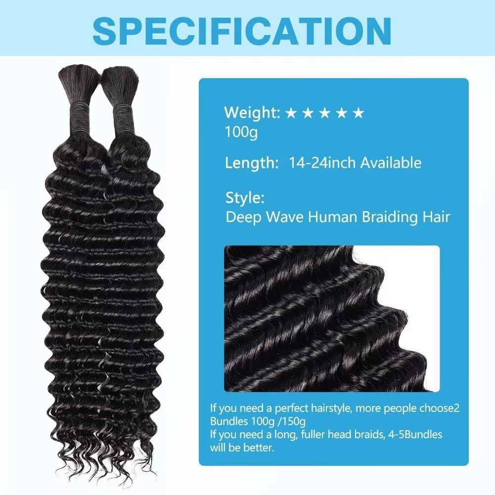 Human Braiding Hair Deep Water Wave Bulk 100g 24 Inch Curly for Boho Braids Extensions No Weft 2 Braids Per Pack Wet and Wavy Natural Color