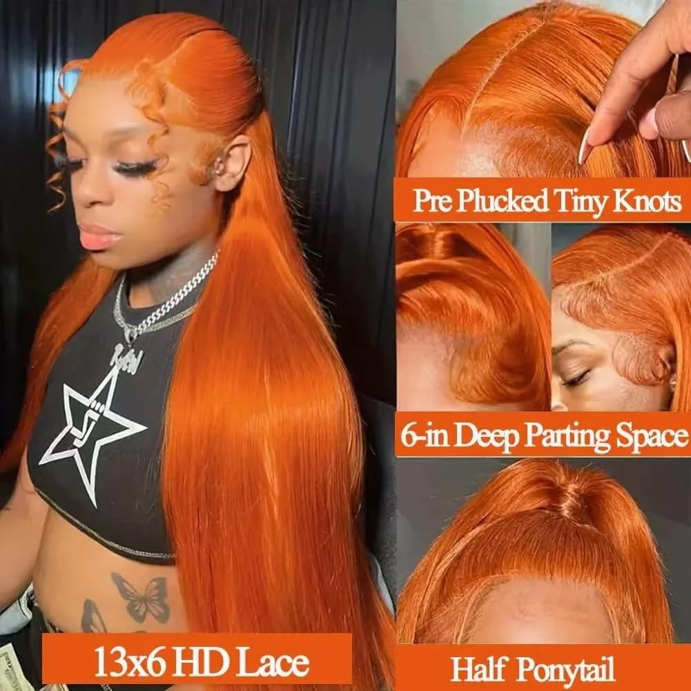 VIPPRETTY Ginger Synthetic Wig13x6 150% Density Straight Ginger Orange Lace Front Wigs Synthetic hair 350 Colored HD Transparent Lace Frontal Wig Pre Plucked With Baby hair