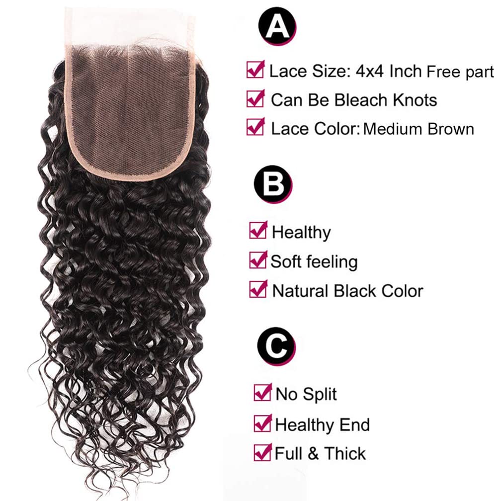 Borchan Water Wave 4 Bundles Human Hair with 4x4 Free Part Closure (24 26 28 30+22) Ocean Wave Wet and Wavy Bundles with Lace Closure Pre Plucked with Baby Hair Natural Color