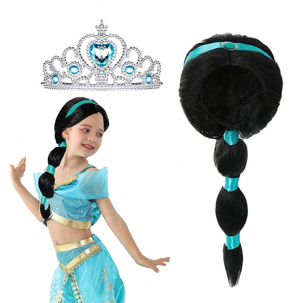 Arabian Princess Wig for Girls Jasmine Braid with Princess Tiara Princess Dress Up Costume Cosplay Halloween Accessories for Kids