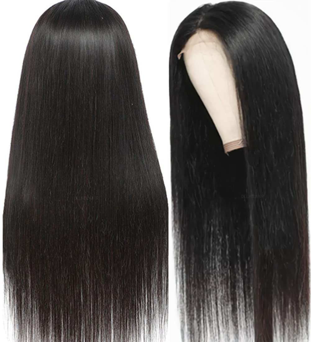 DELHELHAIR Silky Straight Glueless Lace Front Wigs for Black Women Human Hair Unprocessed Brazilian Remy Straight 4x4 Lace Closure Wig Pre-Plucked with Baby Hair (16Inch, Natural Black)