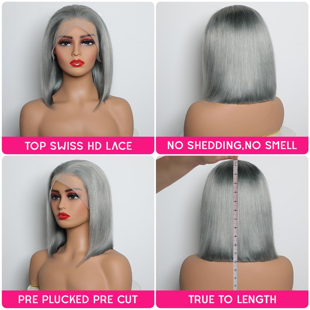 CYSDRH Grey Bob Wig Human Hair Full 13x6 HD Lace Front Wigs 180% Density Short Bob Wigs for Black Women Pre Plucked Pre Cut 12A Unprocessed Brazilian Virgin Human Hair Wigs - 12 Inch Grey Bob Wig