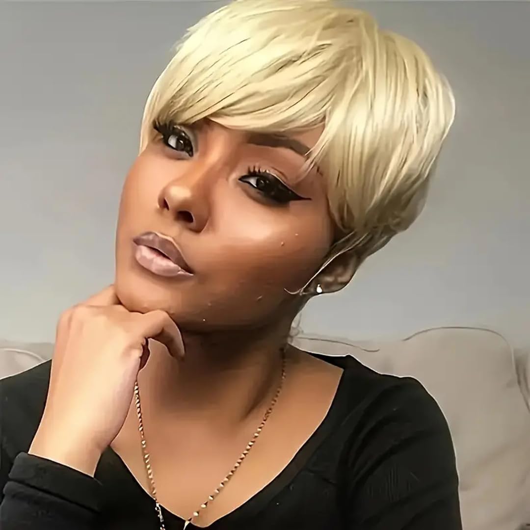 PangDongLai Short Layered Pixie Cut Wigs for Black Women Pixie Cut Human Hair Wigs for Women10A Daily Use Hair Chic Elegent Brazilian Virgin Straight Human Hair (613)