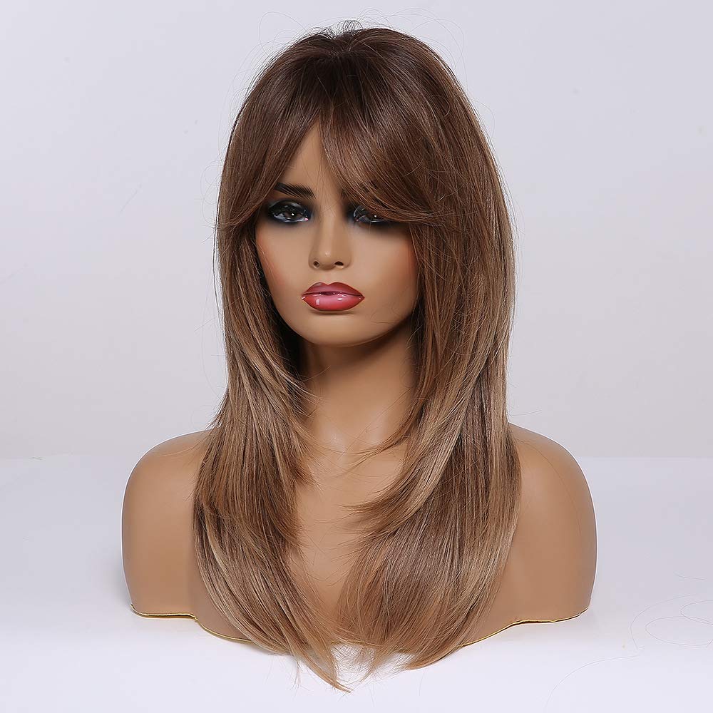 Tumhorn Long Ombre Brown Wigs with Bangs for Women Synthetic Hair Wig Natural Looking Heat Resistant Wavy Wigs