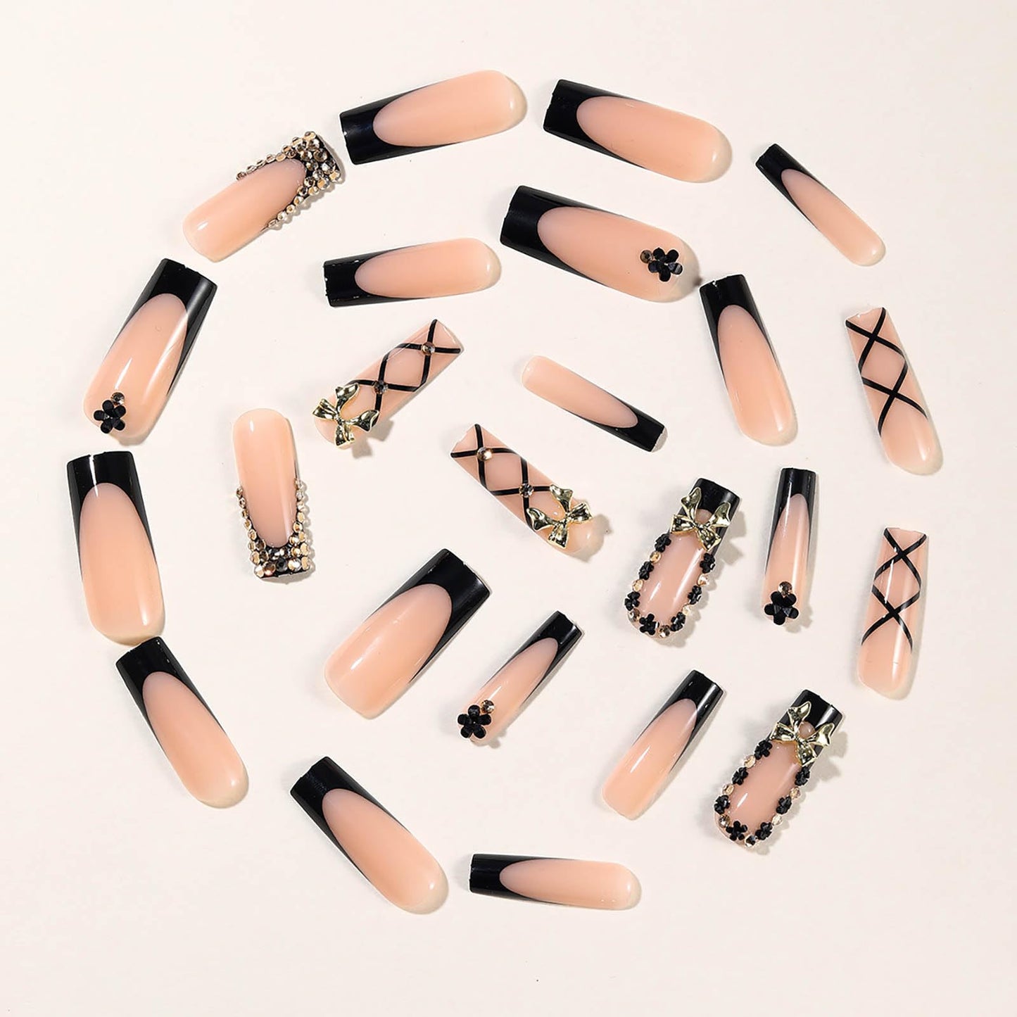 Black French Tip Press on Nails Long Square Fake Nails with Designs Square Nail Press ons Gold Bow False Nails Full Cover Artificial Stick on Acrylic Nails for Women 24Pcs