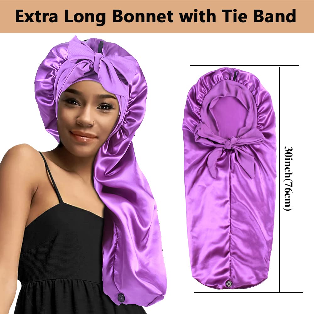 2pcs Long Satin Bonnets with Tie Band, Large Braid Bonnet Silky Hair Cap for Locs Women Sleeping, F