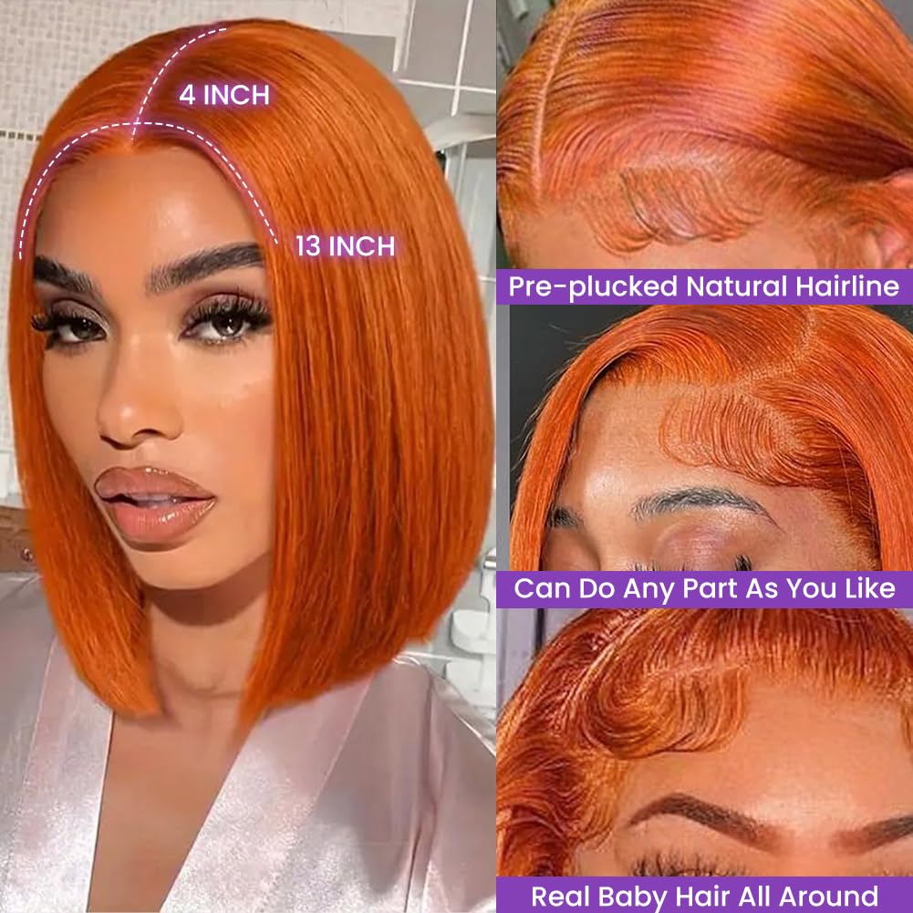 350 Ginger Bob Wig Human Hair 13x4 HD Transparent Lace Front Wigs Pre Plucked Natural Hairline Straight Bob Wig for Black Women Short Orange Ginger with Baby Hair 180% Density Brazilian Hair 14Inch