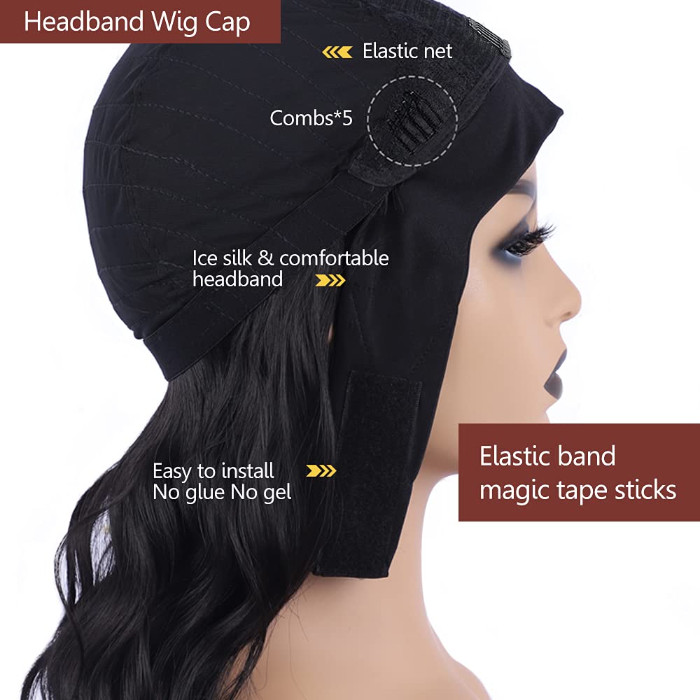 MORICA Headband Wig Short Wavy Wigs for Black Women Black Bob Wig Glueless Synthetic Shoulder Length Wigs 16 Inch Headwrap Wigs with Headband Attached